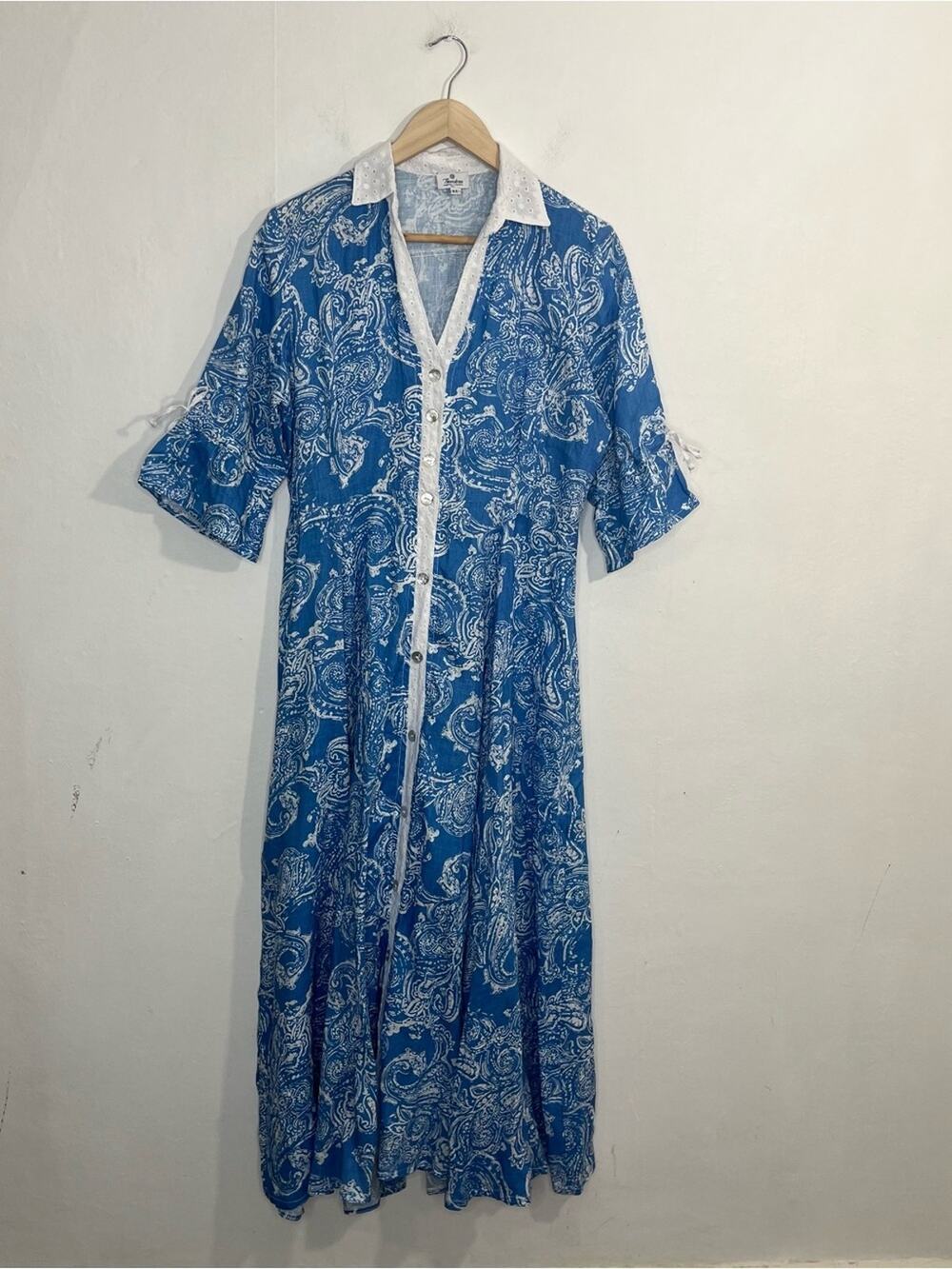 Theodora Handmade In Positano Italy Blue White Floral Shirt Maxi Dress Size XL